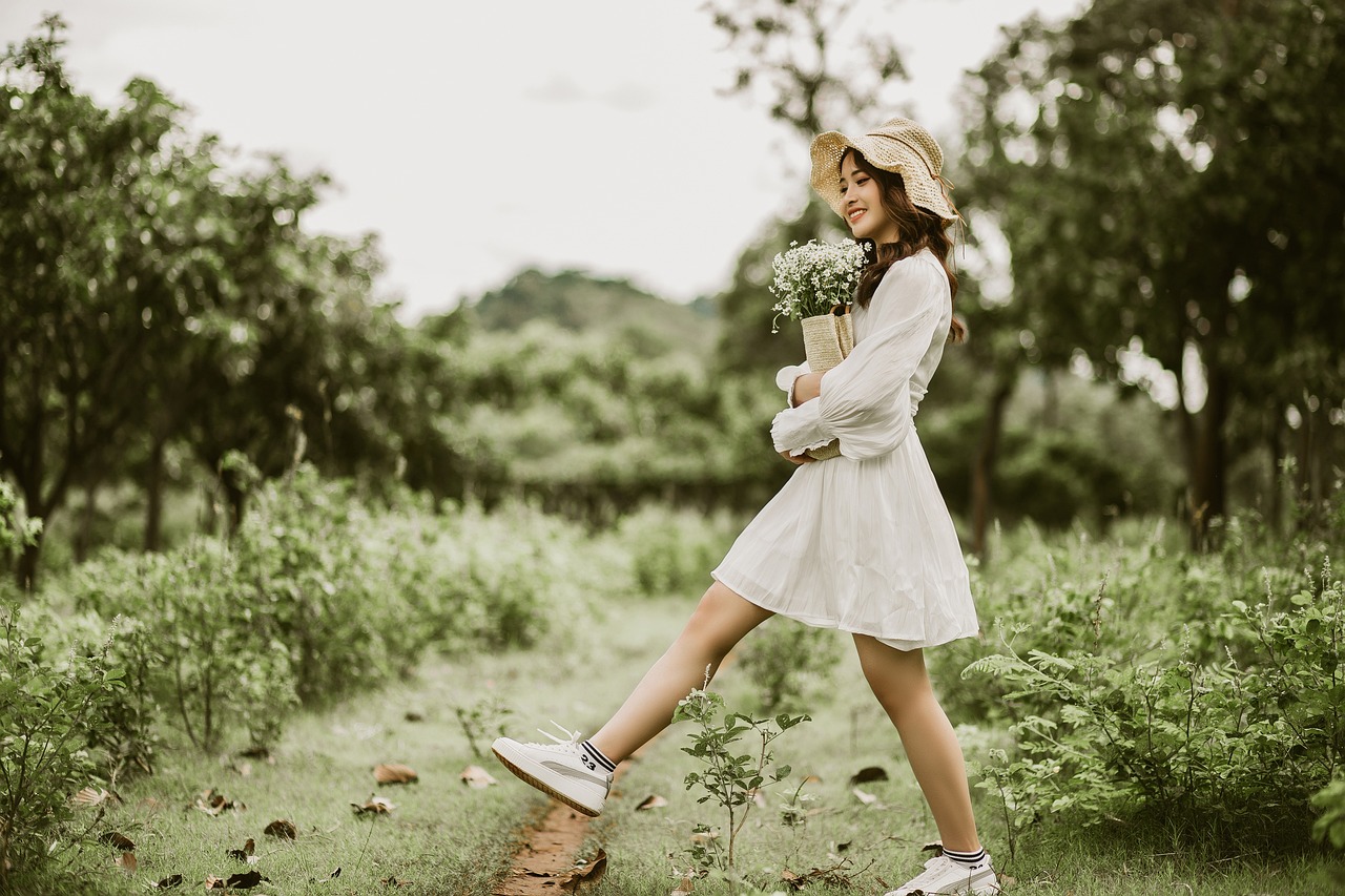 girl, fashion, beautiful flowers